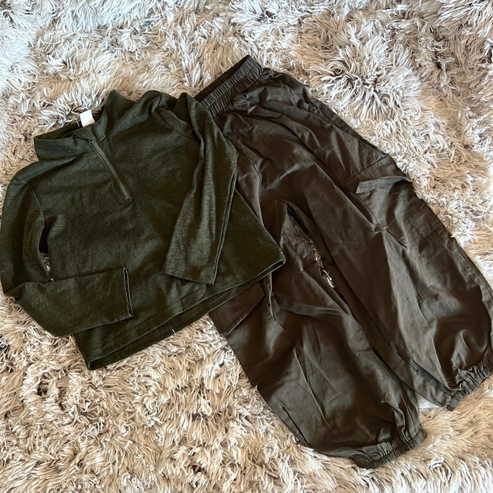 Shein Olive Green Outfit: Top & Parachute Pants (5Y)